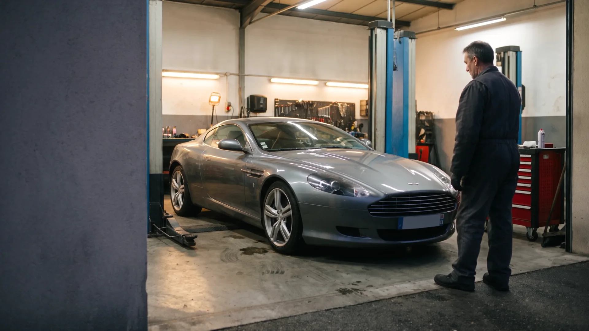 Le coupé gris et le mécanicien à la fin de l’intervention dans l’atelier.