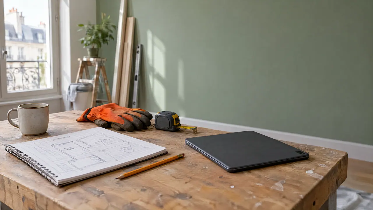 Établi d’artisan en bois patiné devant un mur vert sauge : carnet de plans quadrillé et crayon, mètre ruban, gants de chantier orange et tablette éteinte, avec une fenêtre sur un immeuble parisien.