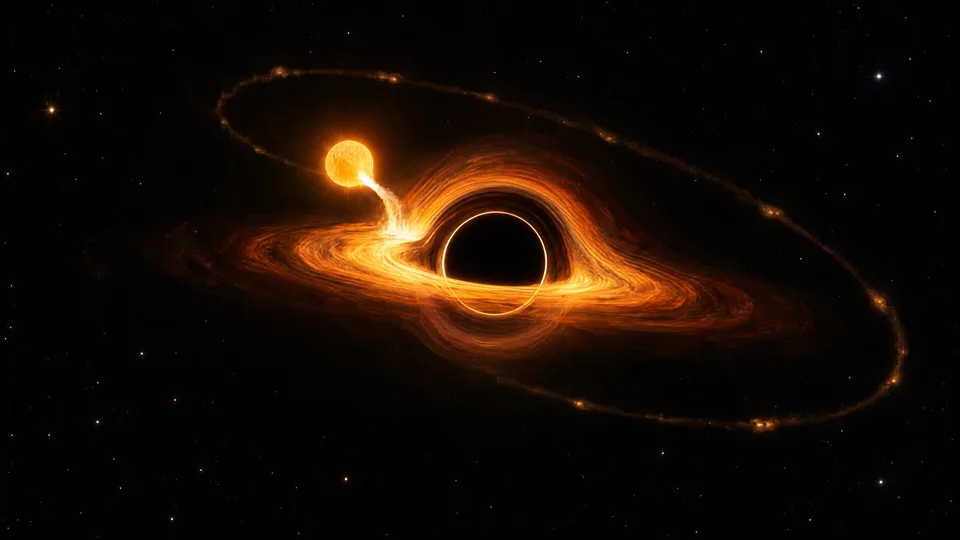 Illustration : une étoile sur une orbite allongée perd un panache de gaz à son passage près du trou noir.