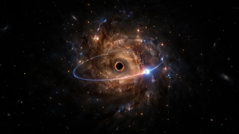 Illustration : une étoile bleu-blanc décrit une orbite serrée autour du trou noir central d’une galaxie.