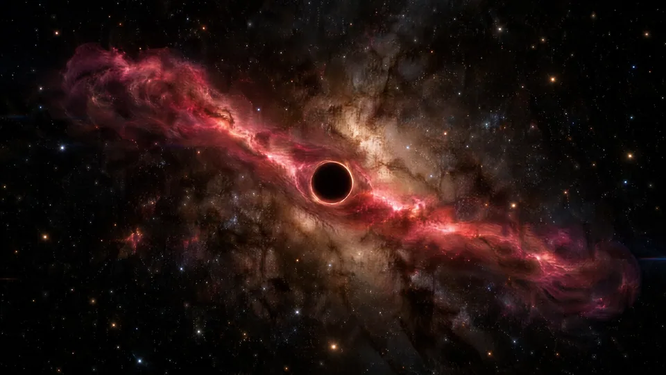 Illustration : un nuage de gaz rose étiré en filament le long de son orbite près d’un trou noir.