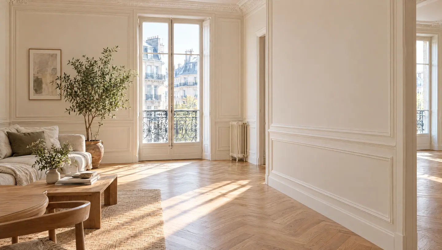 Le même salon après travaux : murs blancs repris et moulures conservées, parquet à chevrons rénové, canapé, table basse en bois et olivier devant la porte-fenêtre.