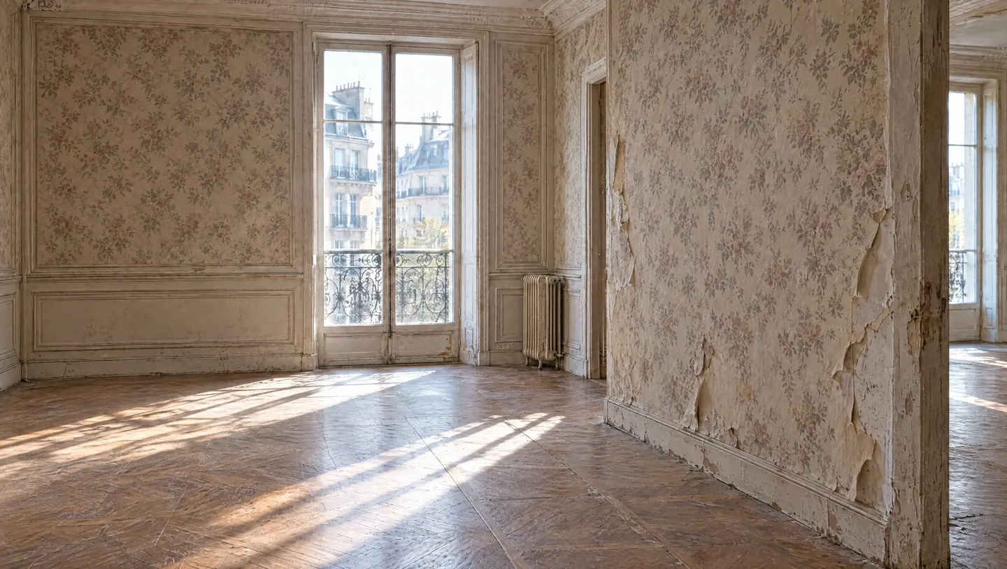 Le salon avant travaux : papier peint fleuri qui se décolle, murs fissurés au fond de la pièce, parquet terni et radiateur en fonte devant la porte-fenêtre.