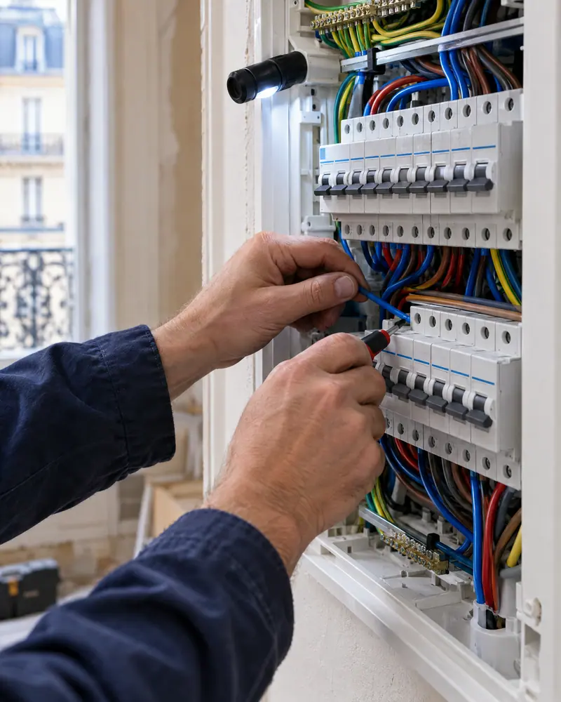 Les mains d’un électricien serrent une borne avec un tournevis dans un tableau électrique ouvert, câbles bleus, jaunes et rouges rangés devant une fenêtre à balcon.