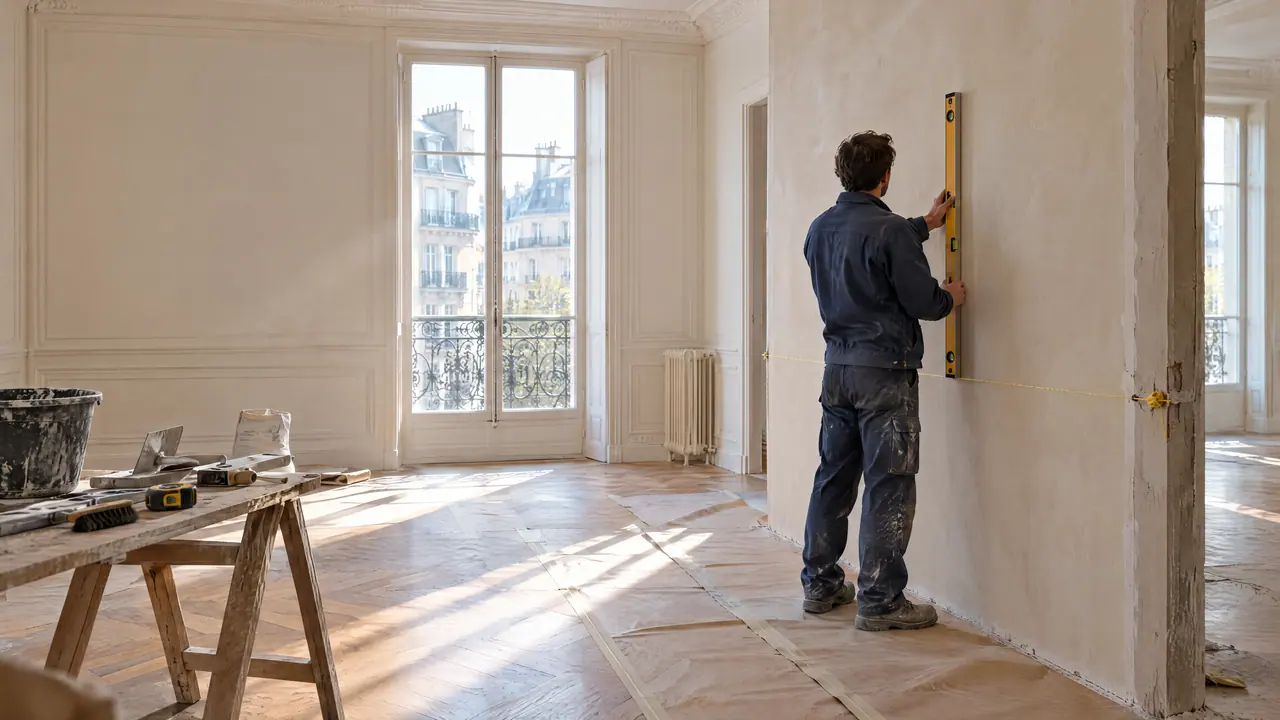 Un artisan vérifie l’aplomb d’un mur enduit avec un niveau dans un grand salon parisien en travaux : parquet protégé, tréteaux au premier plan et lumière rasante par la porte-fenêtre.