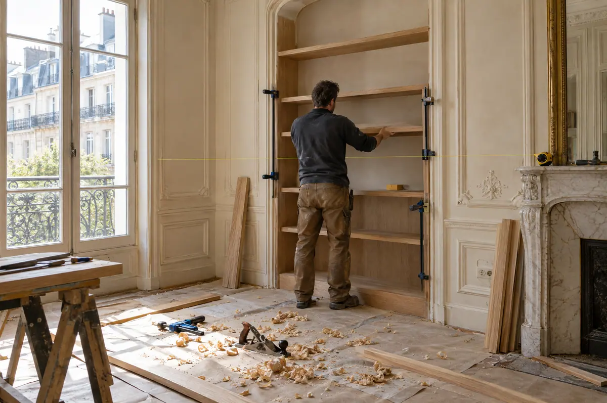 Un menuisier ajuste une étagère en chêne dans une bibliothèque sur mesure encastrée dans une niche de salon à moulures ; un rabot et des copeaux sont posés sur le sol protégé.