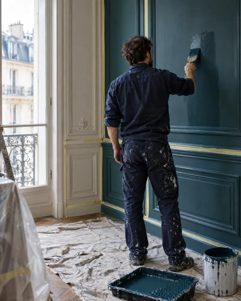 Un peintre en salopette tachée applique une teinte bleu-vert sur un lambris mural, au pinceau, le sol parqueté protégé par une bâche et un bac à peinture au premier plan.