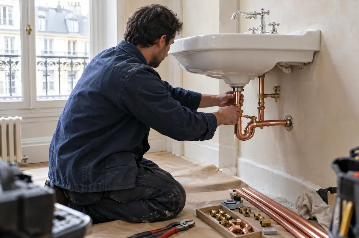 Un plombier à genoux raccorde l’évacuation en cuivre d’un lavabo blanc dans un appartement ancien ; tuyaux, raccords laiton et clé à molette sont posés sur la bâche.