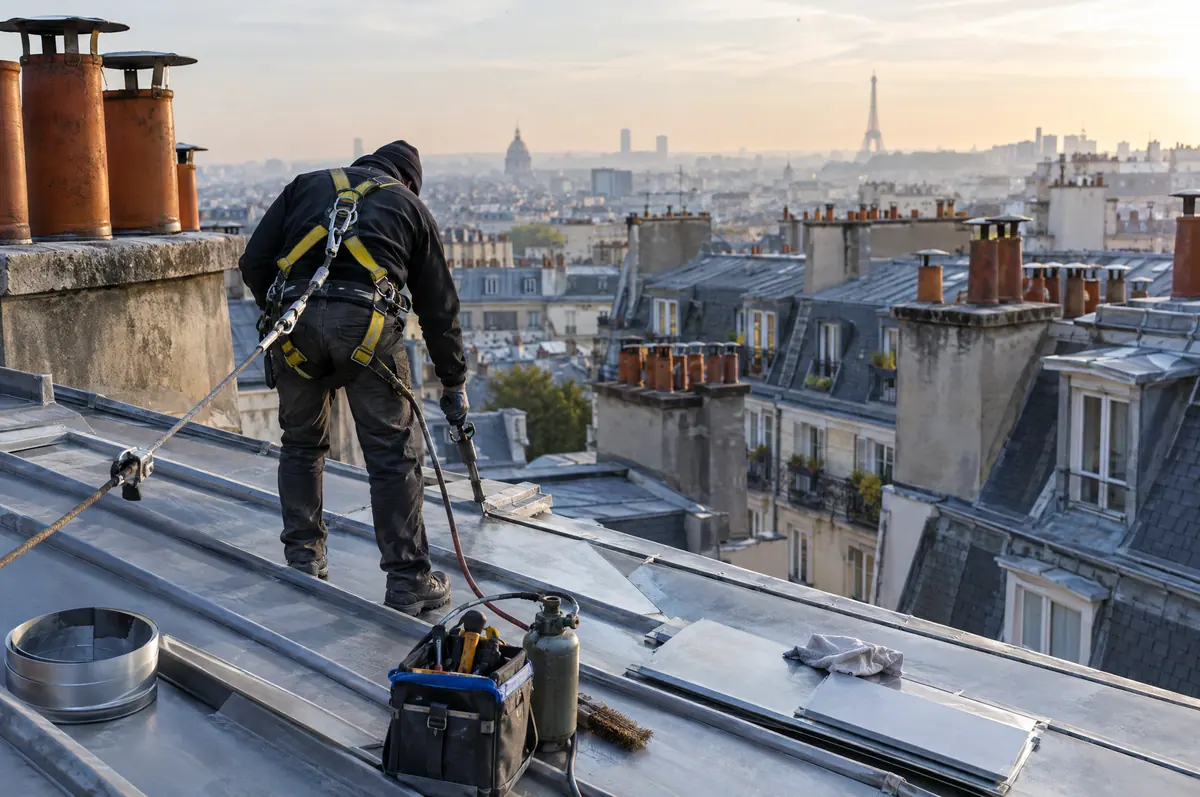 Un couvreur harnaché soude un raccord sur une toiture en zinc, entouré de souches de cheminée en terre cuite ; les toits de Paris et la tour Eiffel se découpent dans la lumière du matin.