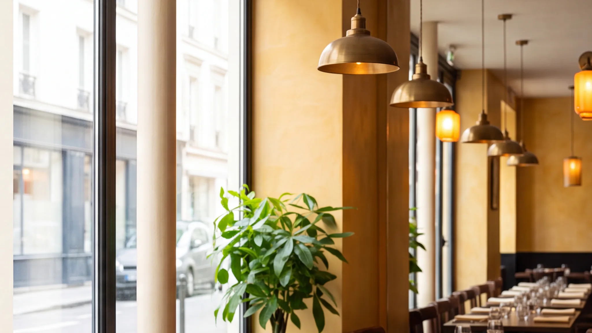 Salle lumineuse du restaurant fictif Maison Mây, murs ivoire et tables dressées.