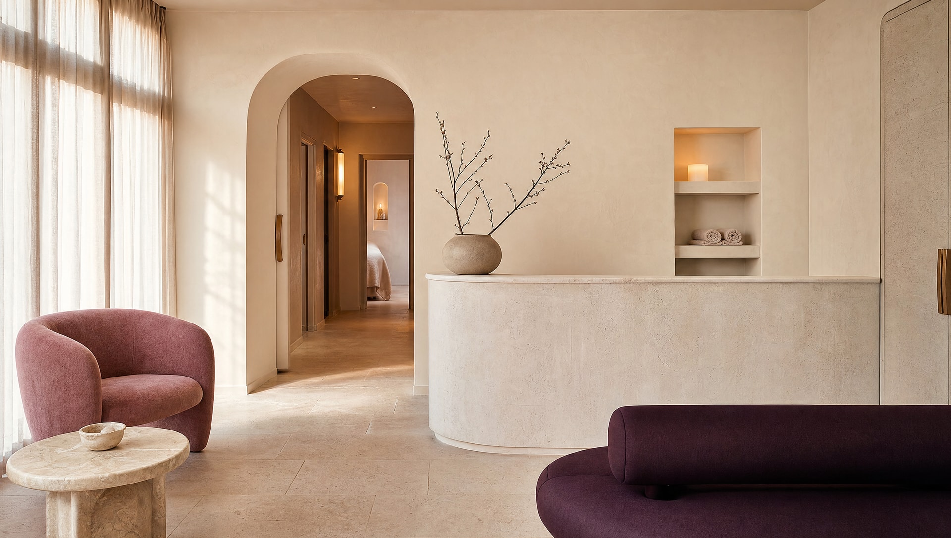 L’espace d’accueil Maison Nacre, avec sa pierre claire, ses fauteuils roses et prune et ses passages en arche.