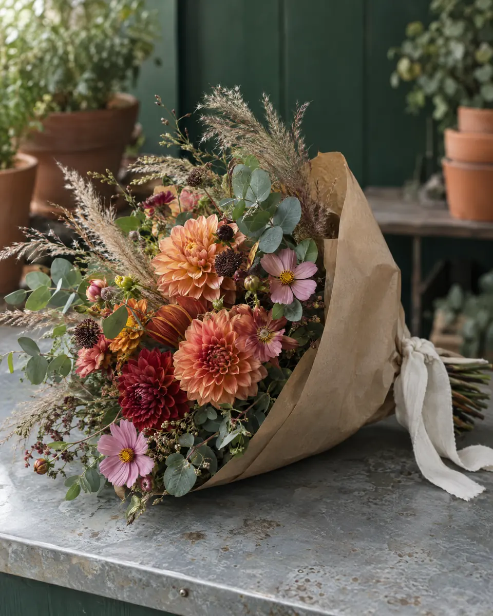 Bouquet de saison en papier kraft noué d’un ruban : dahlias, fleurs d’automne et graminées, posé sur un comptoir en zinc devant une étagère vert bouteille.