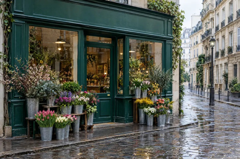 Devanture de fleuriste vert bouteille : seaux en zinc remplis de fleurs sur le trottoir et rue pavée mouillée par la pluie.