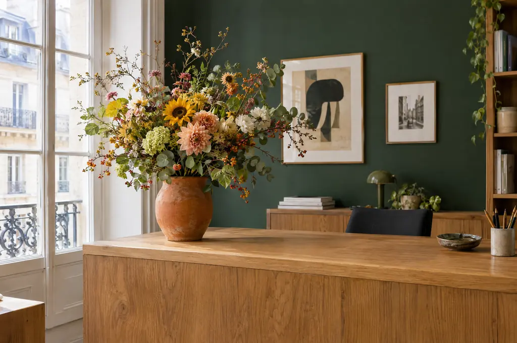Bouquet d’automne de tournesols et de dahlias dans un vase en terre cuite, sur un bureau en chêne devant un mur vert bouteille.