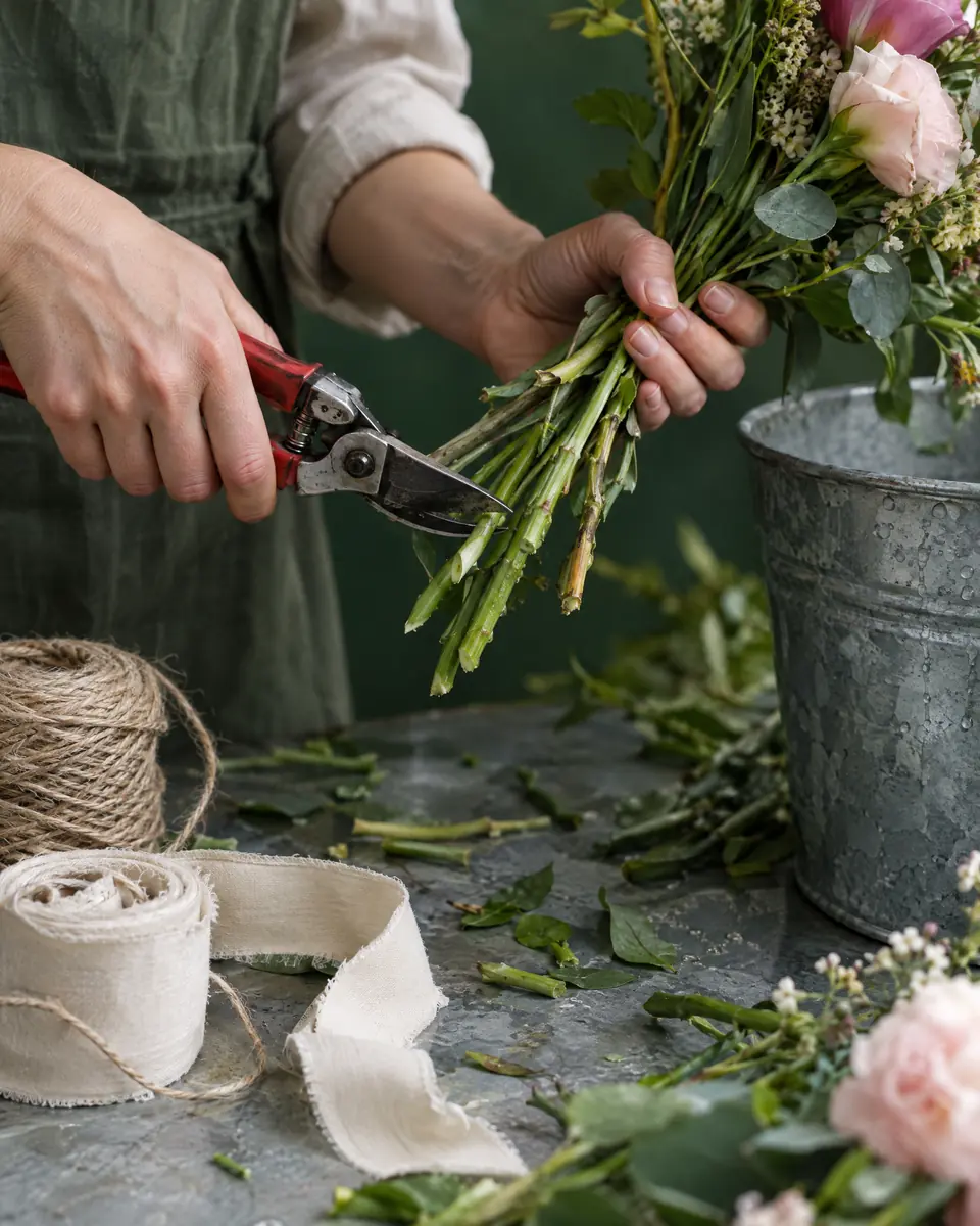 Mains d’une fleuriste qui coupent des tiges au sécateur au-dessus d’un seau en zinc, avec de la ficelle et du ruban sur la table.