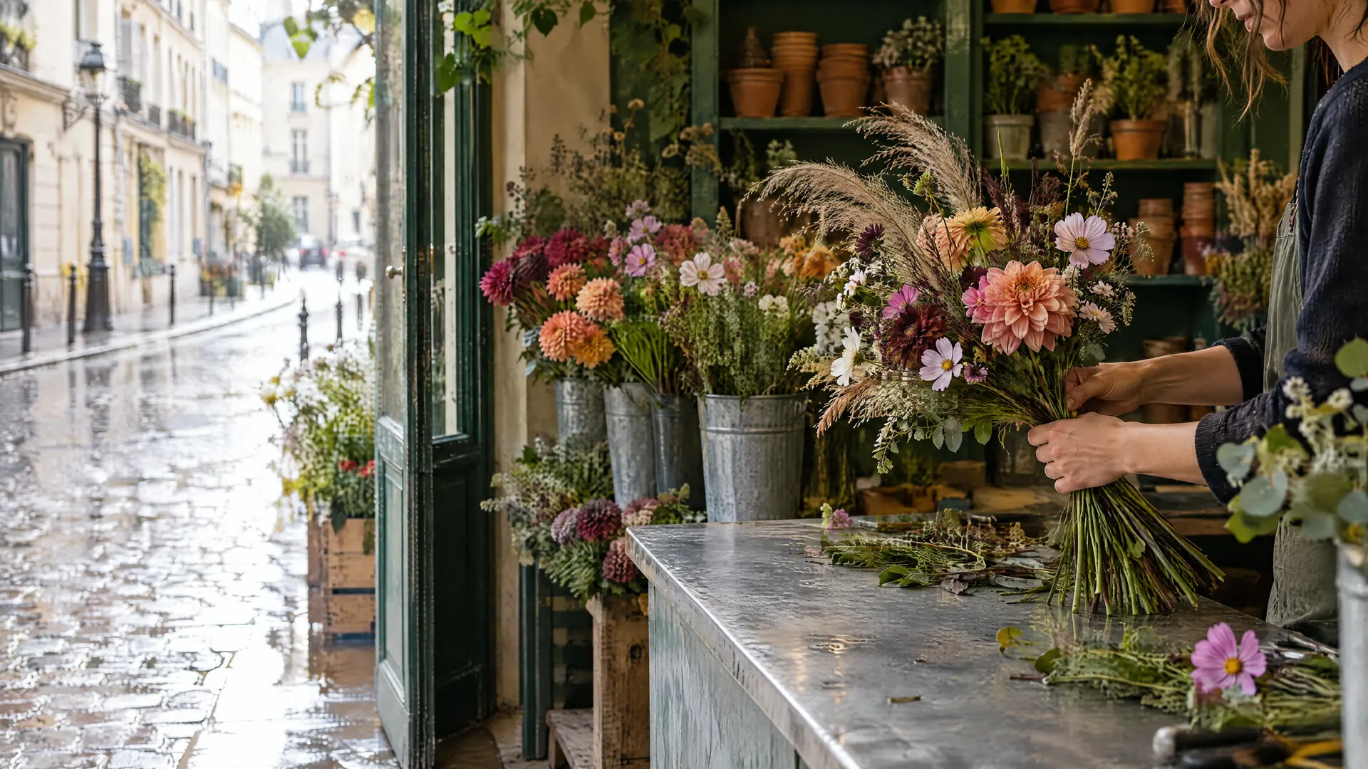 Une fleuriste lie un grand bouquet de dahlias, de cosmos et de graminées sur un comptoir en zinc, devant une rue pavée mouillée par la pluie.