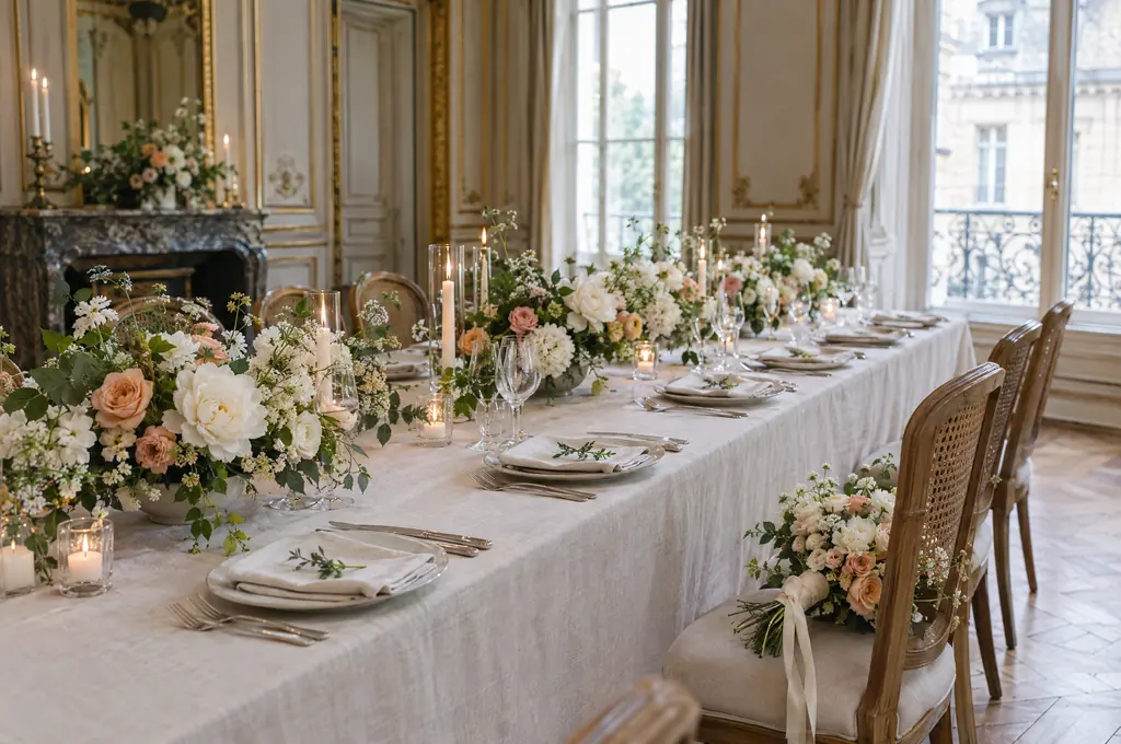 Longue table de mariage dressée dans un salon ancien : nappe de lin, compositions de fleurs claires et bougies.