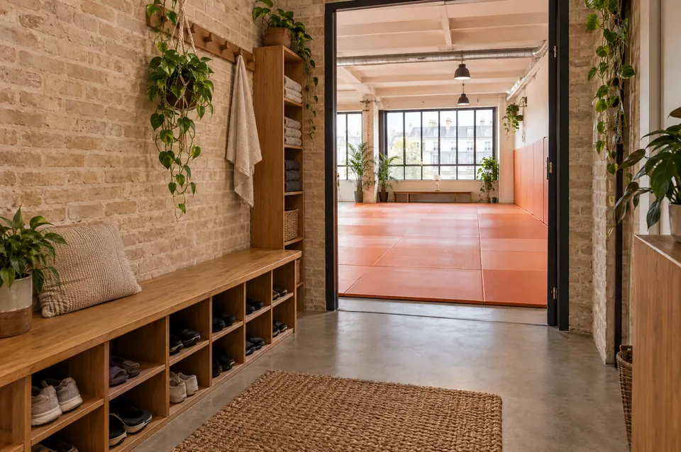 Entrée du loft : un banc en bois avec des casiers à chaussures, des plantes suspendues et, au fond, une salle au sol de tatamis orange.