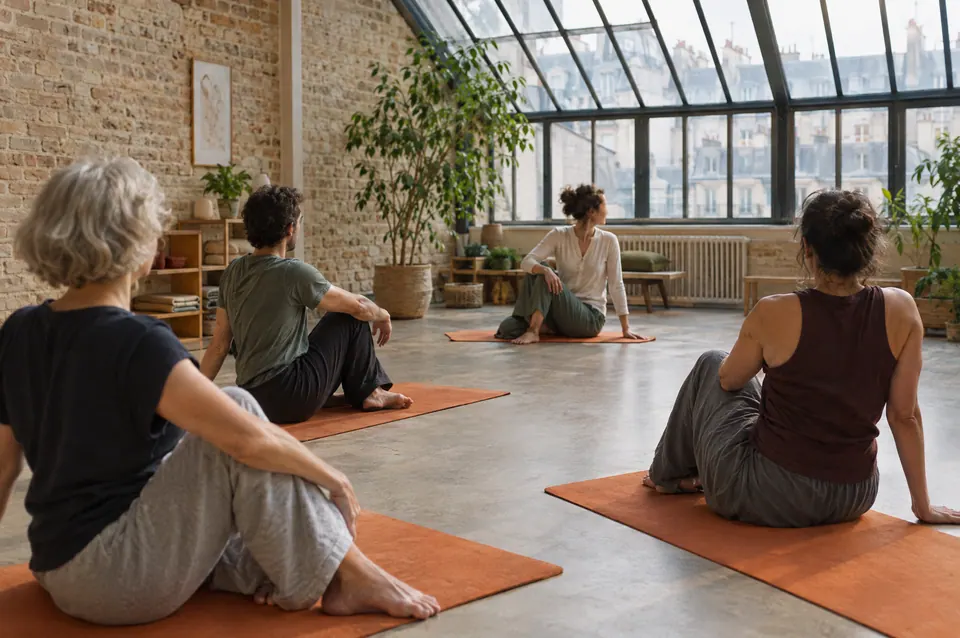 Cours en petit groupe : quatre personnes assises sur des tapis orange, tournées vers la coach, sous la verrière du loft.