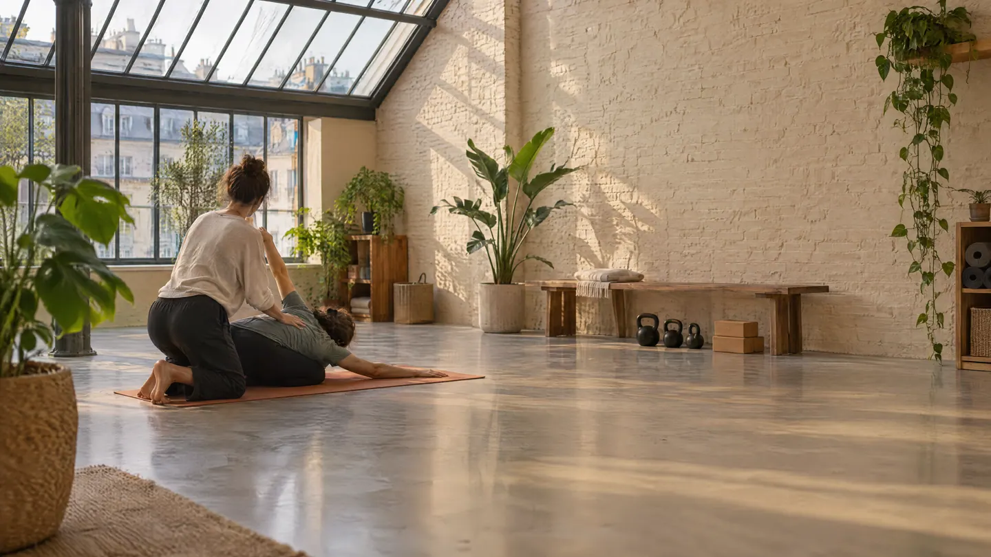 Deux personnes sur un tapis orange, l’une guide l’étirement de l’autre, dans un grand loft à verrière et mur de brique claire baigné de lumière.