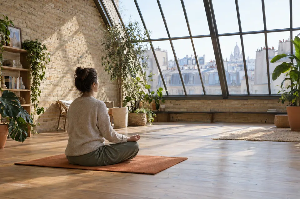 Une personne assise en tailleur sur un tapis orange, vue de dos, face à une grande verrière qui donne sur les toits de Paris.