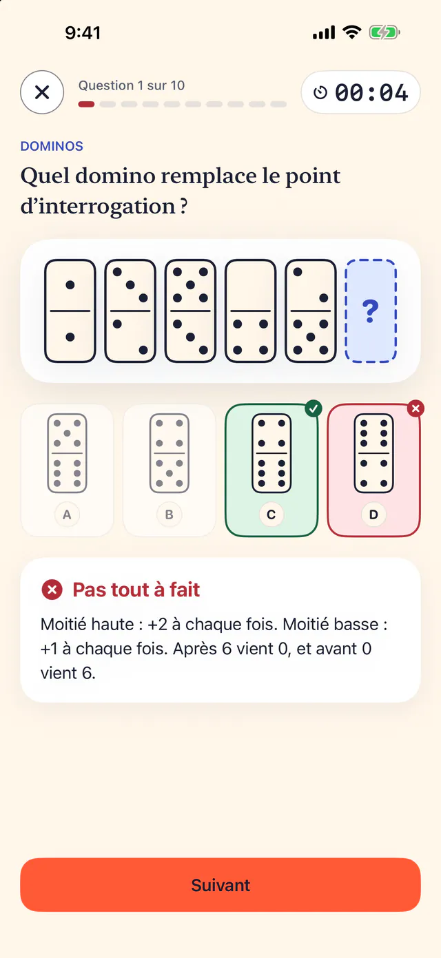 Correction d’une question de dominos : la bonne réponse en vert, l’erreur en rouge et l’explication de la règle.