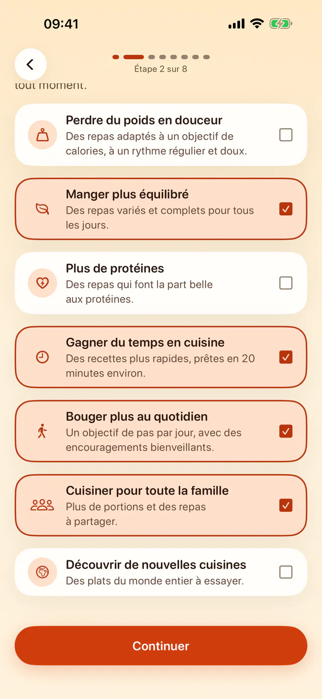Écran « Mes besoins » de TakeMyWeek : objectifs à cocher, dont manger plus équilibré, gagner du temps en cuisine, bouger plus au quotidien et cuisiner pour toute la famille.