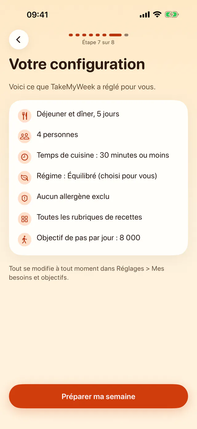 Écran « Votre configuration » : déjeuner et dîner sur 5 jours, 4 personnes, 30 minutes de cuisine au plus, régime équilibré, aucun allergène exclu et objectif de 8 000 pas par jour.