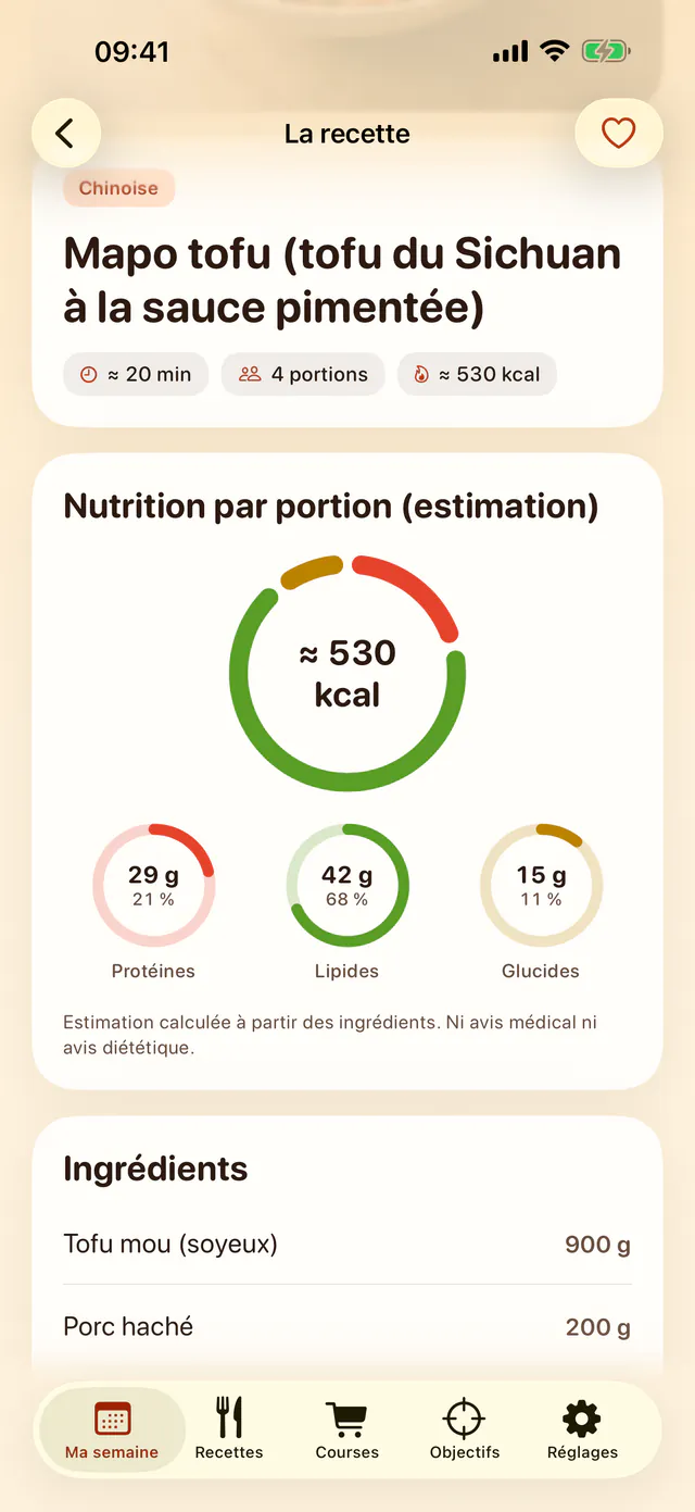 Recette du mapo tofu : environ 530 kcal par portion, avec les protéines, les lipides et les glucides estimés, puis les ingrédients.
