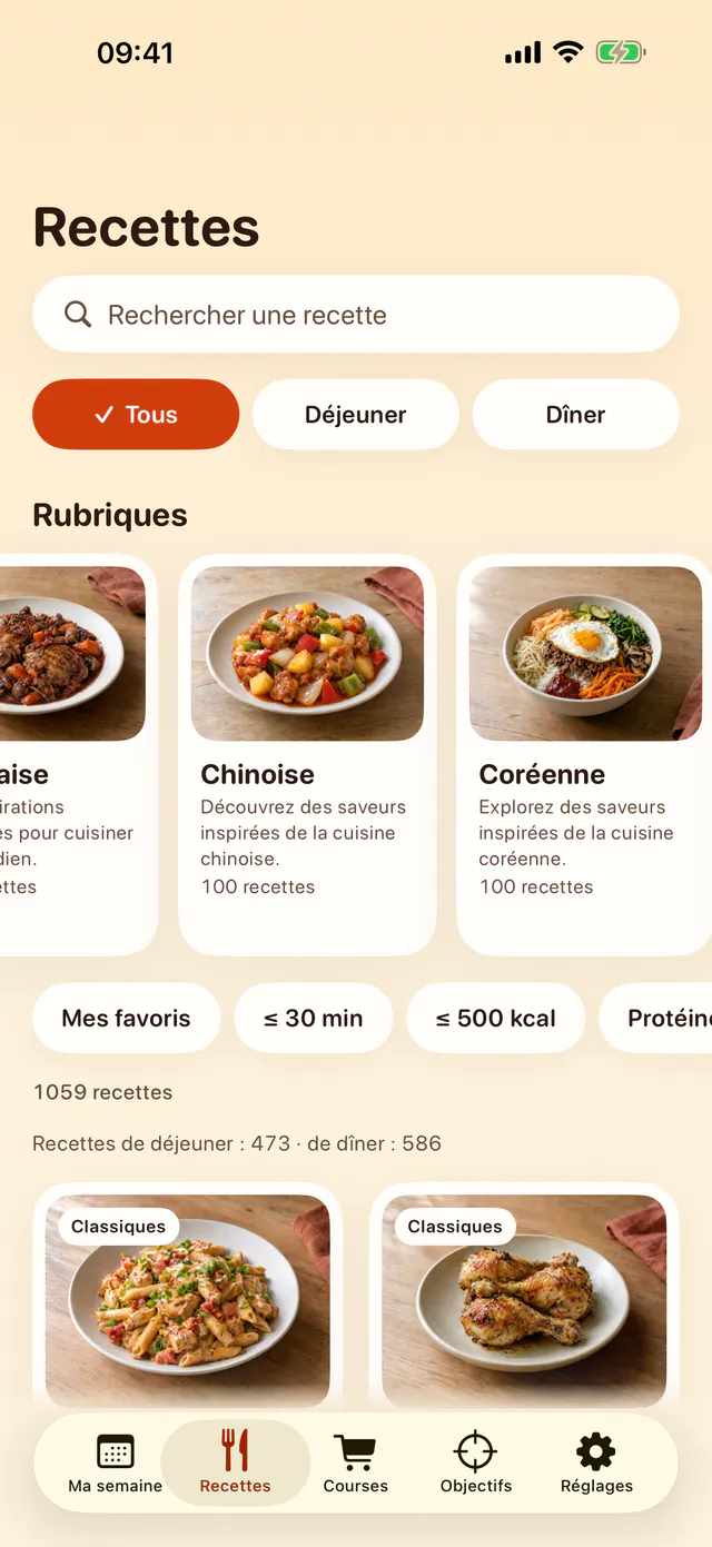 Écran « Recettes » : recherche, filtres déjeuner et dîner, rubriques française, chinoise et coréenne, et 1 059 recettes.