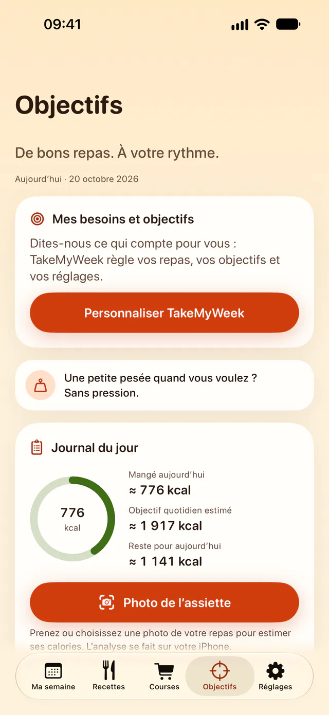 Onglet « Objectifs » de TakeMyWeek avec le journal du jour : environ 776 kcal mangées aujourd’hui, un objectif quotidien estimé d’environ 1 917 kcal et environ 1 141 kcal restantes, puis le bouton « Photo de l’assiette ».