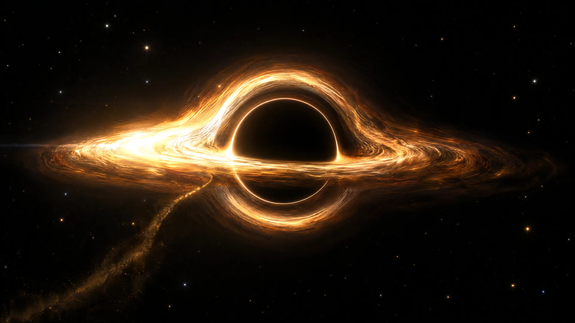 Trou noir cerné d’un disque d’accrétion doré dans l’observatoire fictif ERGOSPHÈRE.